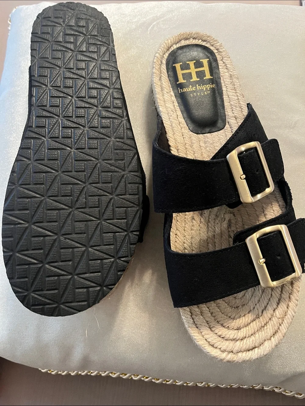 Haute Hippie Black Suede Double-Buckle Espadrille Slide Sandals